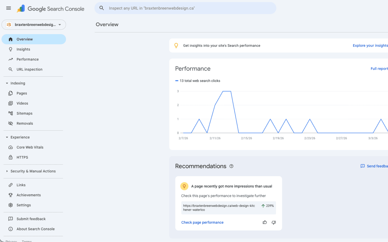 An example of a website domain connected to Google Search Console