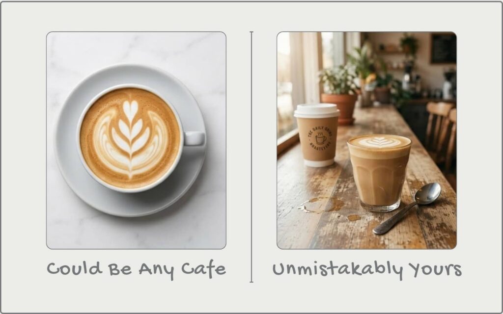 An example of a stock photo vs real photo of a latte
