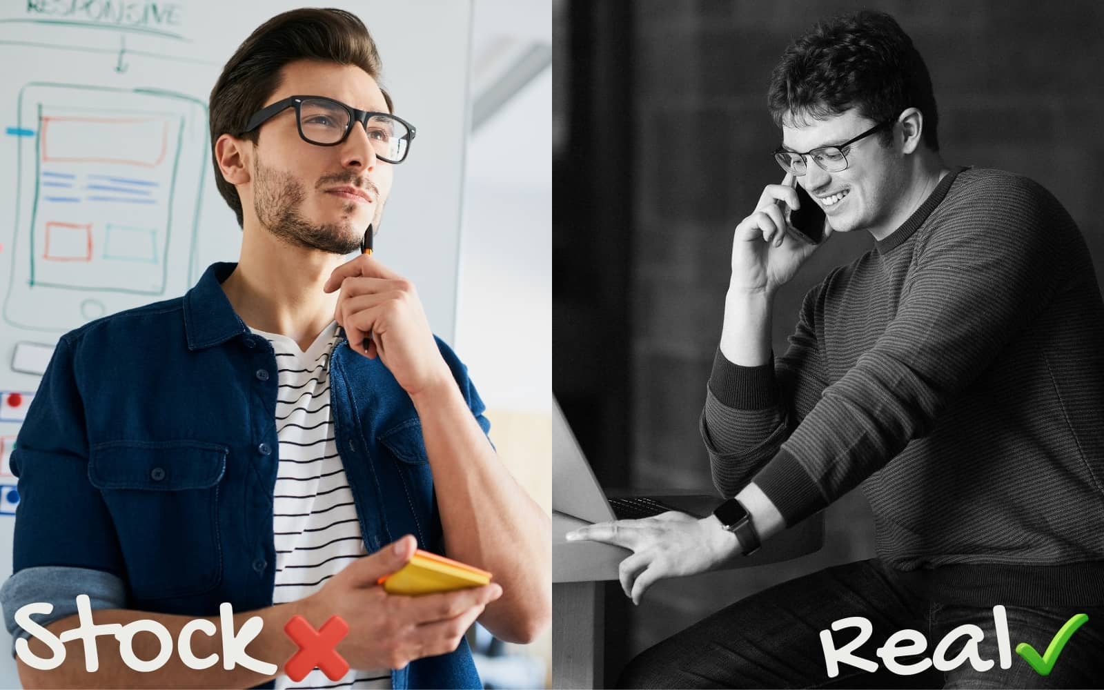 An example of a stock photo compared to a real photo