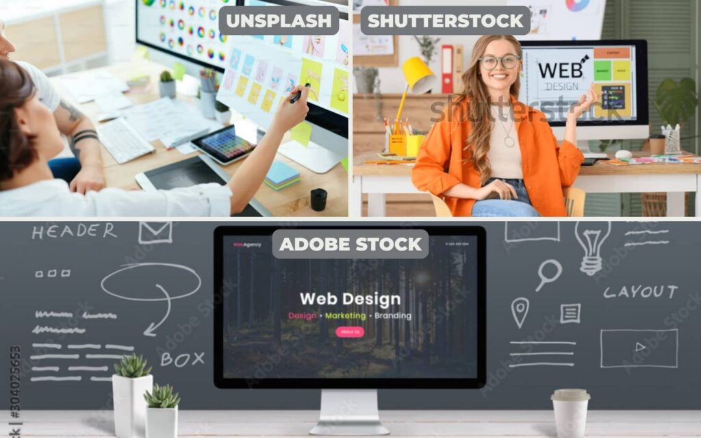 3 examples of stock photos of "web design" taken from Unsplash, Shutterstock, and Adobe Stock