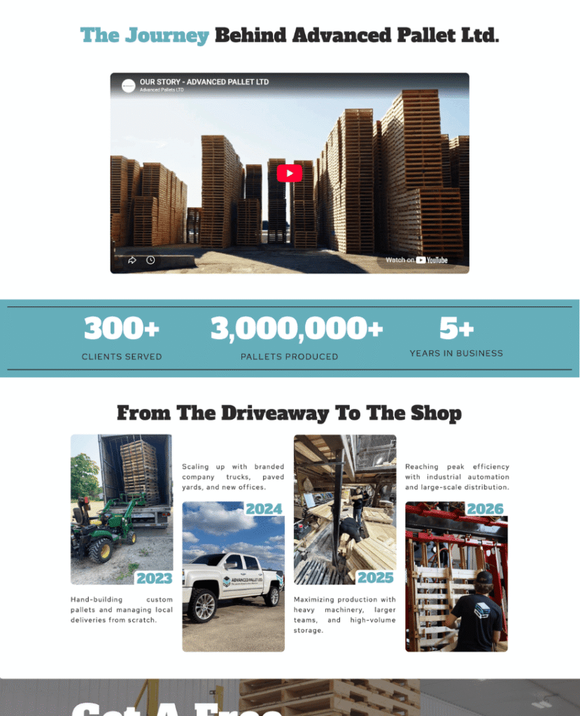 About page layout for Advanced Pallet Ltd. manufacturing website by Braxten Breen Web Design