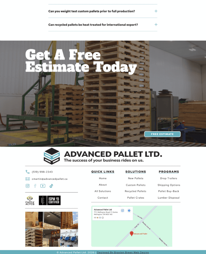 CTA banner and website footer layout for Advanced Pallet Ltd. by Braxten Breen Web Design
