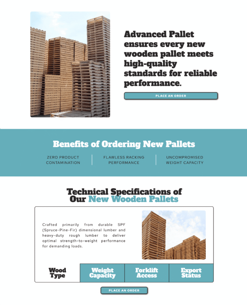 New pallets service page on manufacturing website for Advanced Pallet Ltd. by Braxten Breen Web Design