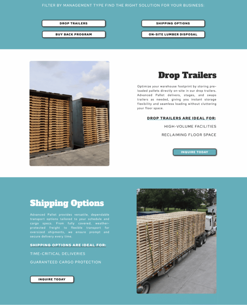 Pallet management solutions layout on manufacturing website for Advanced Pallet Ltd. by Braxten Breen Web Design