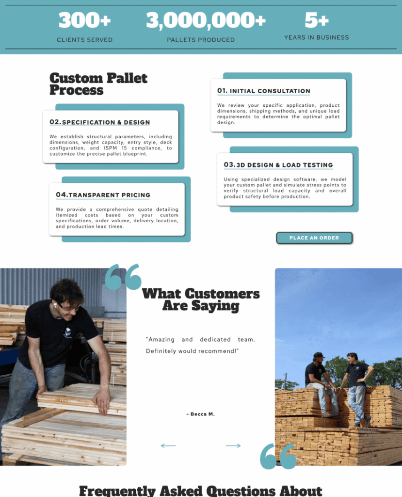 Custom pallet process section on manufacturing website for Advanced Pallet Ltd. by Braxten Breen Web Design