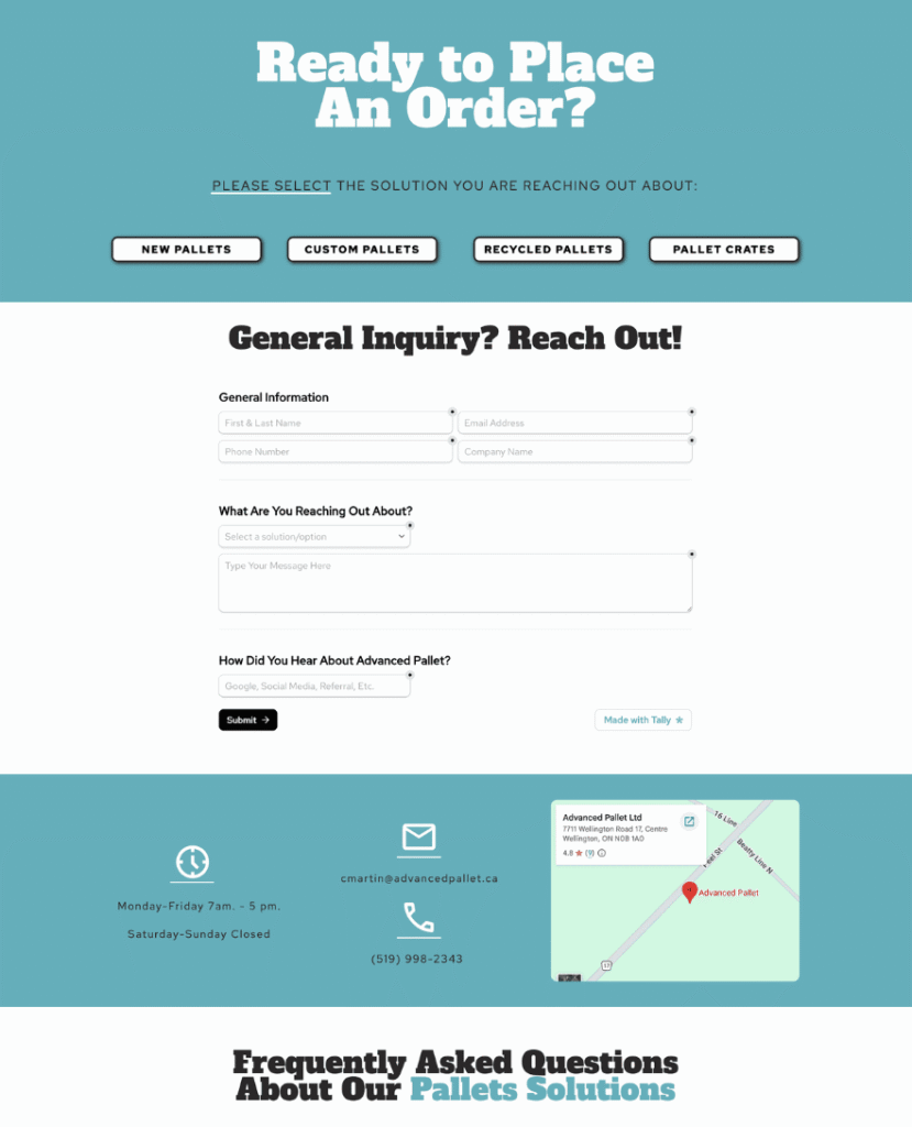 Contact page layout on manufacturing website for Advanced Pallet Ltd. by Braxten Breen Web Design