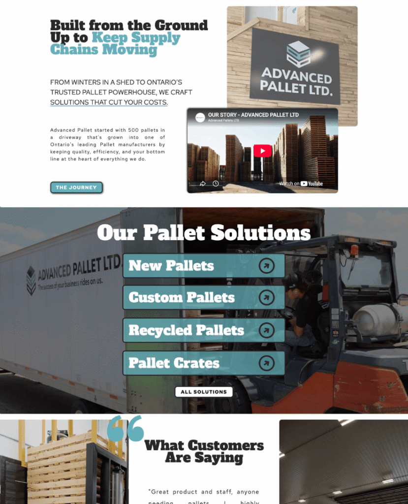 Homepage about and solutions sections on manufacturing website for Advanced Pallet Ltd. by Braxten Breen Web Design