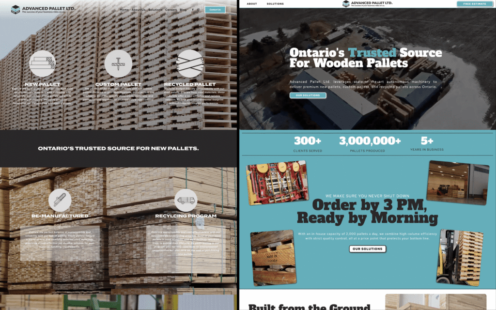 Before and after website redesign for manufacturing company Advanced Pallet Ltd. by Braxten Breen Web Design