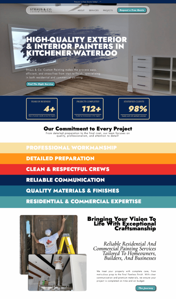 Homepage design for Kitchener-Waterloo painting contractor website, Straus & Co. Custom Painting by Braxten Breen Web Design
