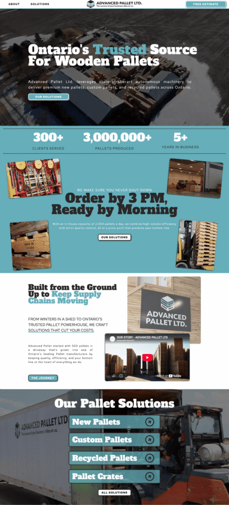 Homepage redesign for Kitchener-Waterloo manufacturing website Advanced Pallet Ltd. by Braxten Breen Web Design