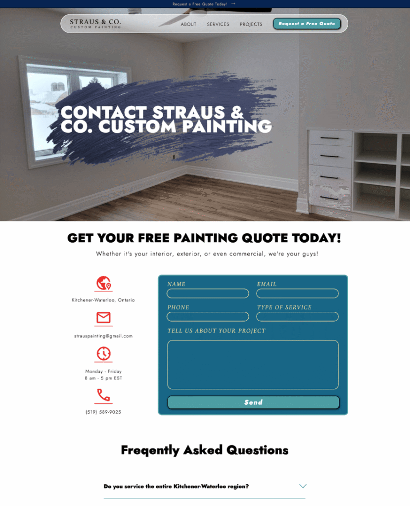 Contact page layout on Kitchener-Waterloo contractor website Straus & Co. Custom Painting designed by Braxten Breen Web Design