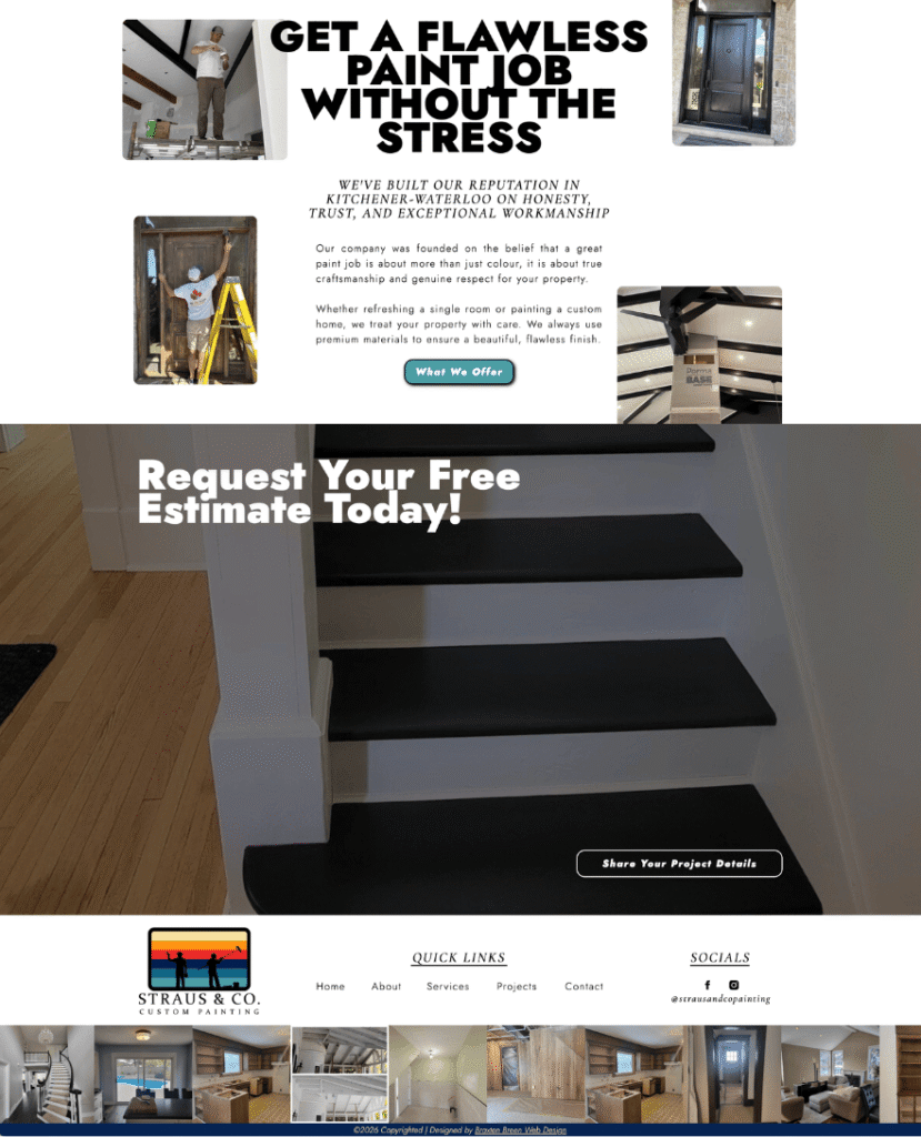 About page on Kitchener-Waterloo painter website for Straus & Co. Custom Painting designed by Braxten Breen Web Design