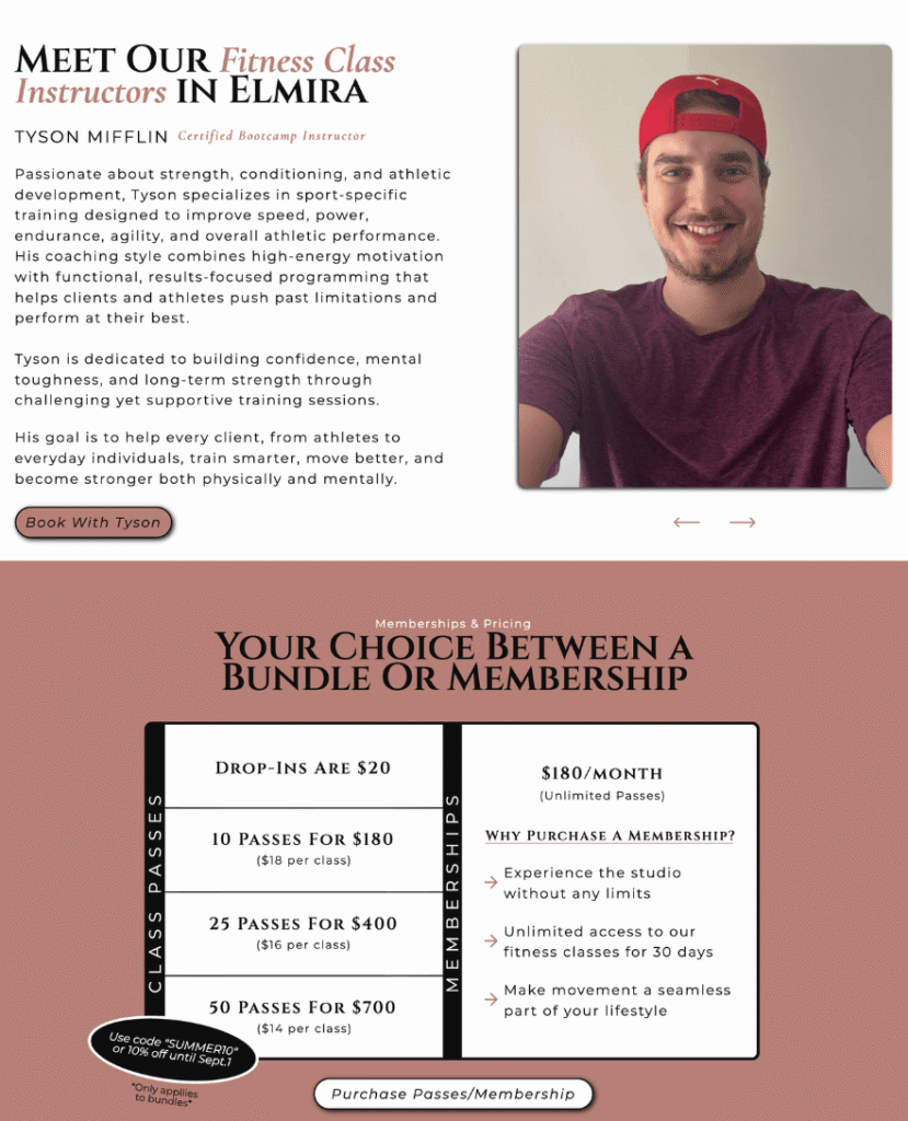 Instructor bio and pricing sections for fitness website in Elmira for Stronger Together Fitness by Braxten Breen Web Design