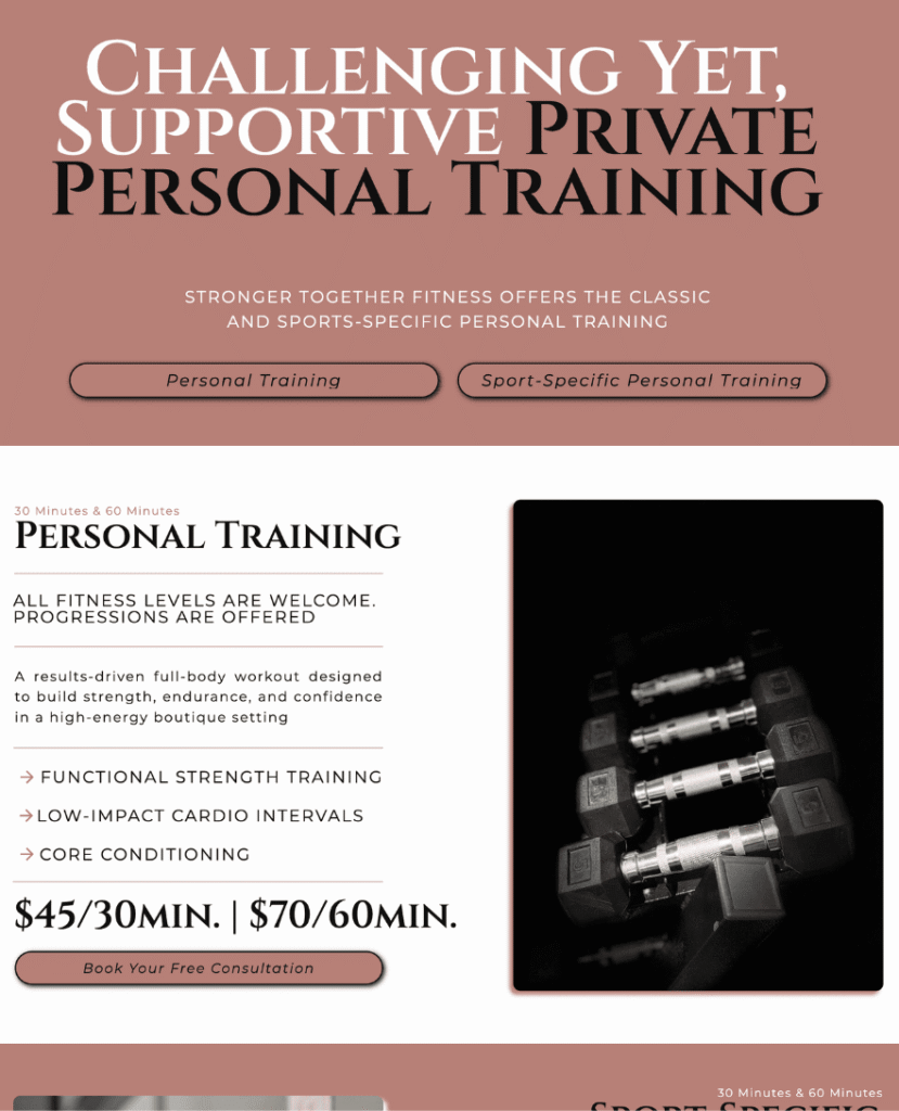 Personal training services page just outside of Kitchener-Waterloo in Elmira for Stronger Together Fitness by Braxten Breen Web Design