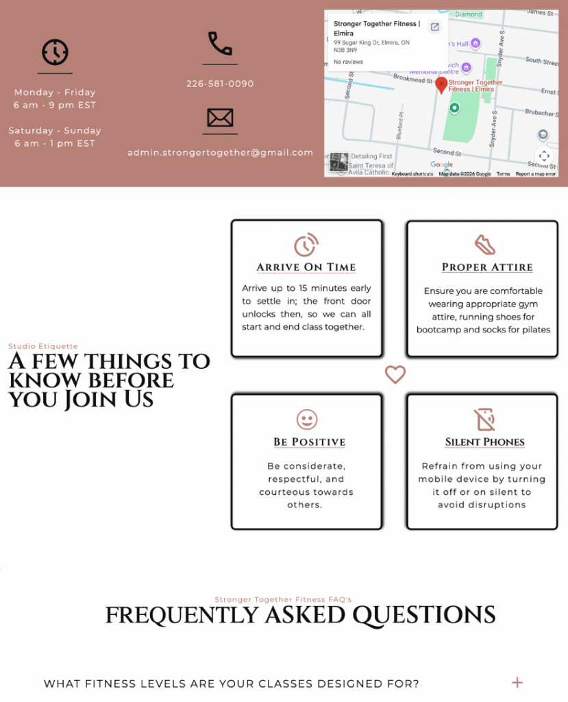 Contact details and studio etiquette sections in Kitchener-Waterloo for Stronger Together Fitness by Braxten Breen Web Design