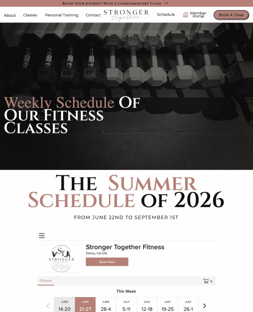Schedule page for Elmira fitness website, just outside of Kitchener-Waterloo, Stronger Together Fitness by Braxten Breen Web Design.