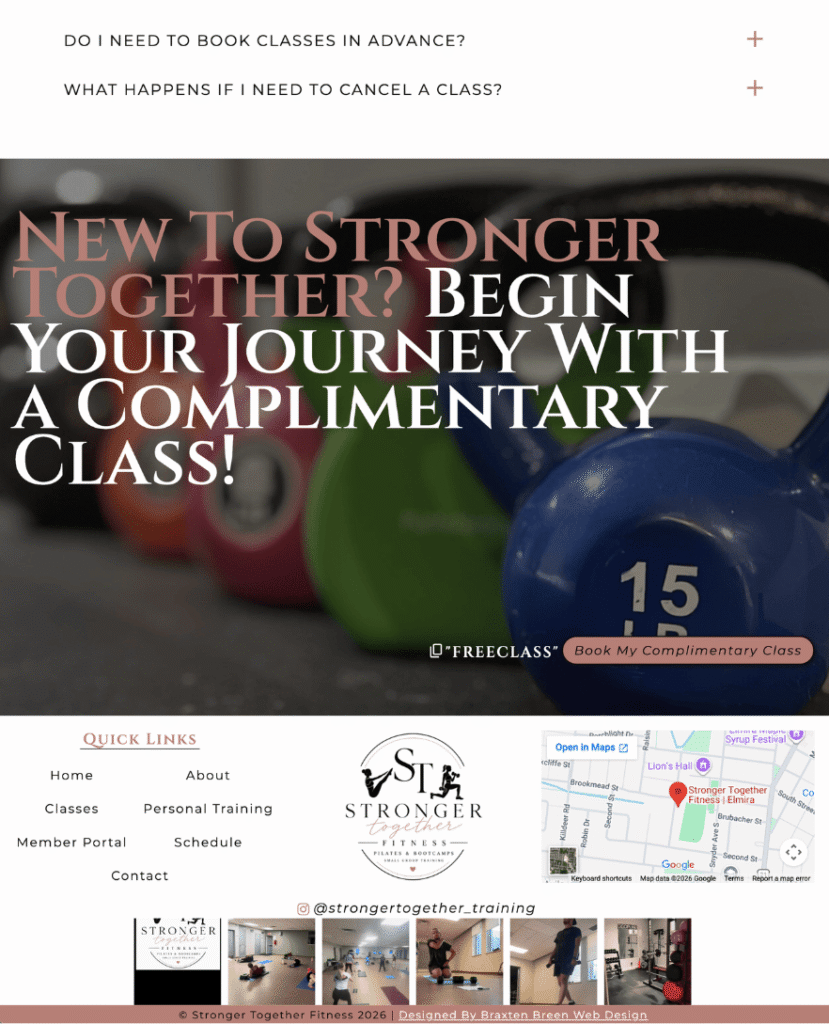CTA banner and footer for fitness website Stronger Together Fitness, just outside of Kitchener-Waterloo in Elmira by Braxten Breen Web Design