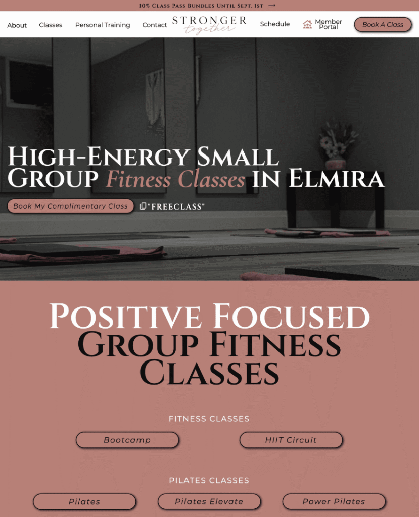 Fitness classes hero section for fitness website Stronger Together Fitness in Elmira, just outside of Kitchener-Waterloo by Braxten Breen Web Design